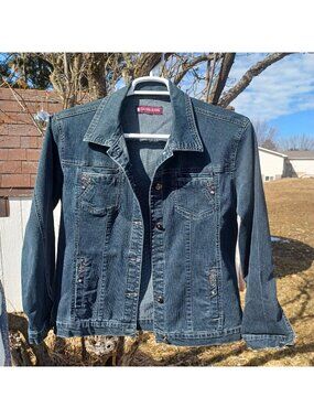 Daaisi Jeans Embellished Denim Jean Jacket Button Front Closure Women's Size Lg